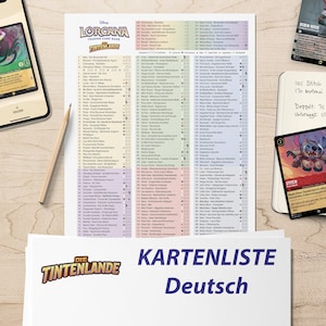 Könnte beinhalten: Eine Checkliste der Karten für das Disney Lorcana Sammelkartenspiel: Die Tintenwelt. Die Checkliste ist in deutscher Sprache und enthält die Namen der Karten, wie Stitch, Robin Hood und Ursula. Die Checkliste ist auf einem weißen Blatt Papier gedruckt.