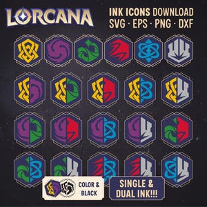 Lorcana Ink Icons | Complete Set including Dual Inks Vector Icons Images | Colored + Black | Digital Download - .svg, .eps, .png & .dxf