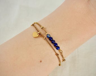 14-karaats vergulde dubbele schakelarmband met natuurlijke lapis lazuli kralen