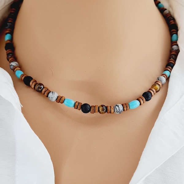 Heren kralen ketting, turquoise ketting, Afrikaanse ketting, surfer ketting, heren ketting. Mannen Afrikaanse sieraden, cadeaus voor mannen