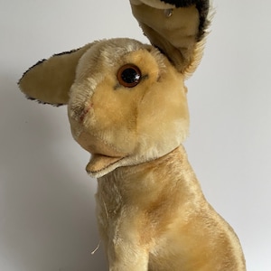 May include: A vintage plush rabbit toy with brown eyes and a beige fur coat. The rabbit is sitting upright with its ears perked up.