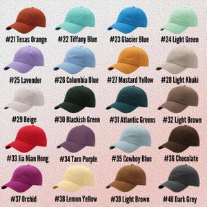 May include: A chart of 40 different colored baseball caps. The caps are arranged in four rows of ten. Each cap has a number and a color name printed below it.