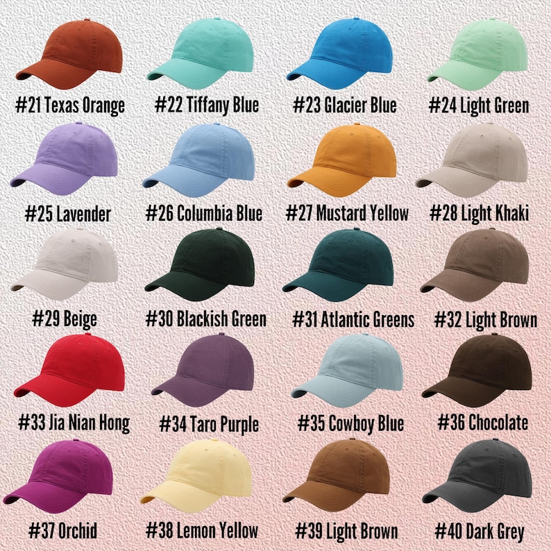 May include: A chart of 40 different colored baseball caps. The caps are arranged in four rows of ten. Each cap has a number and a color name printed below it.