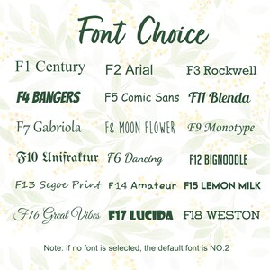 May include: A list of font names with their corresponding numbers. The font names include Century, Arial, Rockwell, BANGERS, Comic Sans, Blenda, Gabriola, MOON FLOWER, Monotype, Unifraktur, Dancing, BIGNOODLE, Segoe Print, Amateur, LEMON MILK, Great Vibes, LUCIDA, and WESTON. The text at the bottom of the image reads: "Note: if no font is selected, the default font is NO.2"