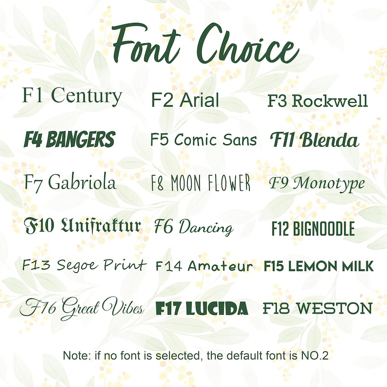 May include: A list of font names with their corresponding numbers. The font names include Century, Arial, Rockwell, BANGERS, Comic Sans, Blenda, Gabriola, MOON FLOWER, Monotype, Unifraktur, Dancing, BIGNOODLE, Segoe Print, Amateur, LEMON MILK, Great Vibes, LUCIDA, and WESTON. The text at the bottom of the image reads: "Note: if no font is selected, the default font is NO.2"