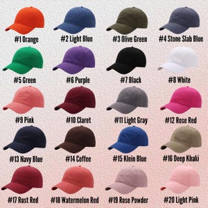 May include: Twenty different color baseball caps, numbered 1 through 20, with each cap's color listed below it.