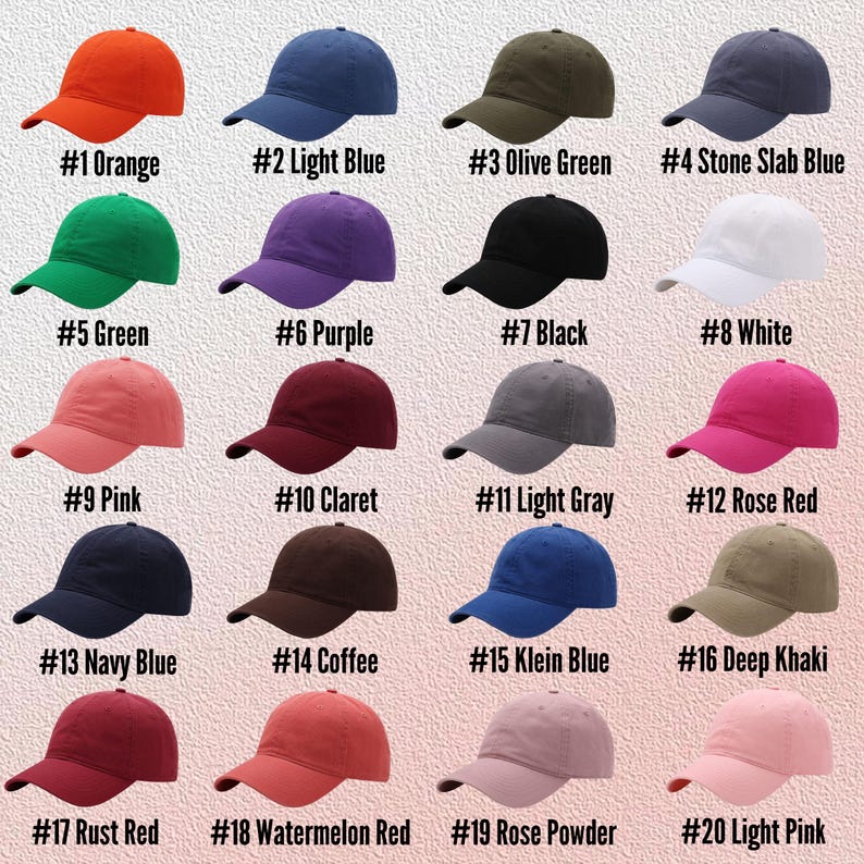 May include: Twenty different color baseball caps, numbered 1 through 20, with each cap's color listed below it.
