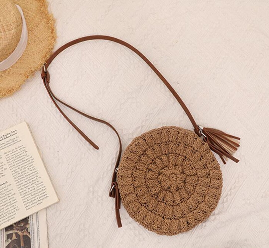 Handwoven Round Straw Shoulder Bag Girls Summer Circle Straw Etsy