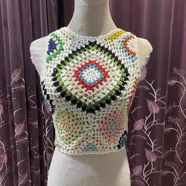 Women's Black & Cream Chevron Crochet Top with Fringe Hem