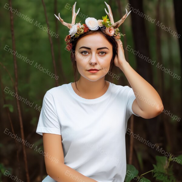 Bella Canvas 3001 white Woodland Wanderer: Lifestyle T-Shirt Mockup with Model