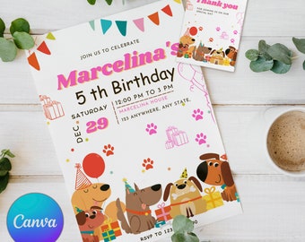 Pawty Geburtstagseinladung für Kinder, Canva Geburtstagseinladung bearbeitbar, Hundegeburtstag, Pawty, bearbeitbare Vorlage zum Ausdrucken