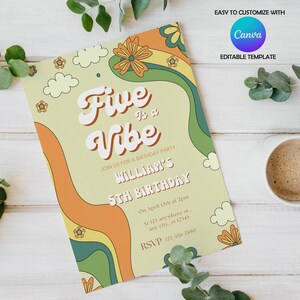 Editable Five Is a Vibe Birthday Invitation 5th Birthday Canva Invitation Daisy Rainbow Birthday Party thank you tag Digital Instant image 2