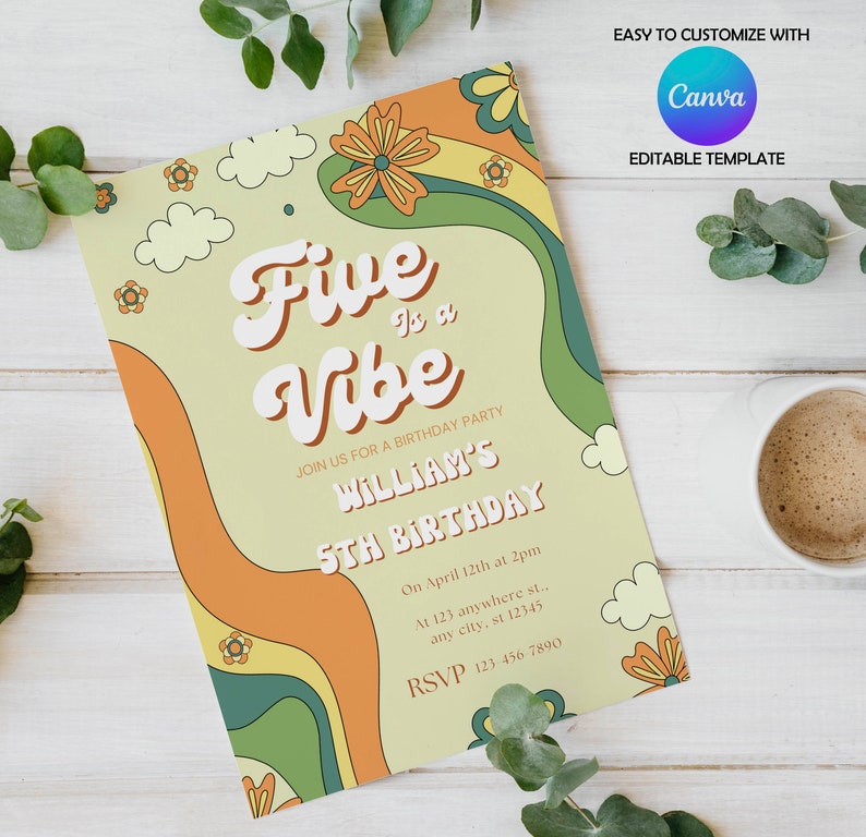 Editable Five Is a Vibe Birthday Invitation 5th Birthday Canva Invitation Daisy Rainbow Birthday Party thank you tag Digital Instant image 2