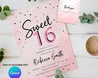 Editable sweet 16 Pink and black  Birthday Invitation Template,Canva sweet 16th Birthday Party Invite Template,Printable Instant Download