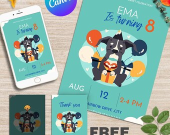 Editable Dog Birthday Party Invitation Canva Template | Puppy Birthday Invite | Birthday Animal Pet Download Printable Template | DIY