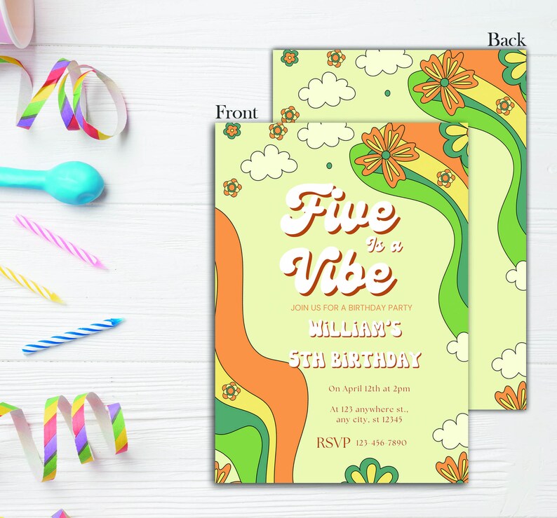Editable Five Is a Vibe Birthday Invitation 5th Birthday Canva Invitation Daisy Rainbow Birthday Party thank you tag Digital Instant image 7