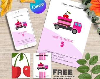 Editable CAKE TRUCK Birthday Invitation Instant Download | Pink Birthday Invitation Card Template | KIDS invites | Canva Editable