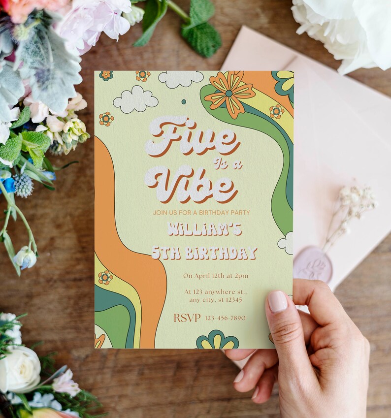 Editable Five Is a Vibe Birthday Invitation 5th Birthday Canva Invitation Daisy Rainbow Birthday Party thank you tag Digital Instant image 1