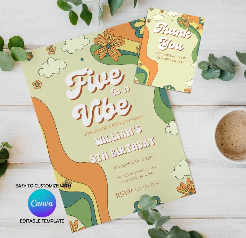 Editable Five Is a Vibe Birthday Invitation 5th Birthday Canva Invitation Daisy Rainbow Birthday Party thank you tag Digital Instant image 5