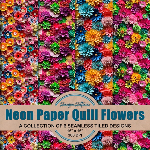 Neon Paper Quill Flowers - Six Whimsical Seamless Repeatable Patterns, Ideal for Paper Crafts & Tumbler Designs, 16" Hi-Res Digital Download