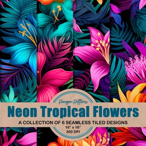 Padrões repetíveis contínuos de flores tropicais neon, papel digital, embalagem para copo, scrapbooking, sublimação, POD, uso pessoal e comercial!