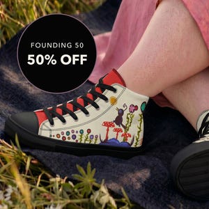 Mushroom High Top Sneakers, Folk Art Canvas Shoes, Whimsical Toadstool Bird Print Footwear