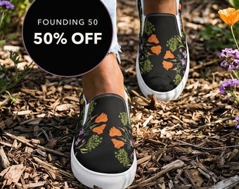 California Wildflower Slip-On Shoes, Dark Floral Canvas Sneakers, Botanical Print Women's Footwear
