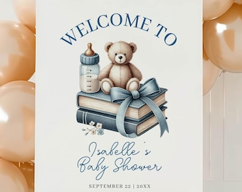 Editable Blue Boy Baby Shower Welcome Sign, New Chapter Baby Shower Decor, Illustrated Teddy Bear and Books Theme, Canva Template, HP071