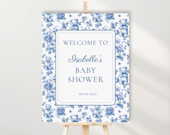 Floral Toile Baby Shower Welcome Sign,  Blue Baby Boy Shower Sign,  Elegant French Vintage, Teddy Bear, Editable Template, Printable, HP062A