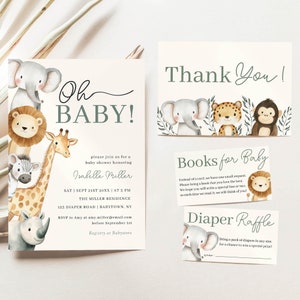 Safari Baby Shower Invitation Bundle, Jungle Safari Animals Invite,  Gender Neutral, Editable Canva Template, Instant Download, HP075A
