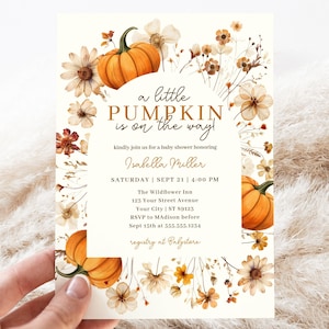 Little Pumpkin Fall Baby Shower Invitation, Autumn Floral Invite, Evite, Boho Wildflowers, Editable Template, Instant Download, HP068