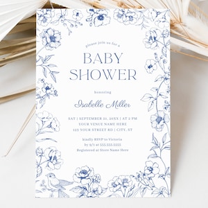 Invito per baby shower blu polvere, elegante invito per baby shower floreale chinoiserie, invito per baby shower in toile francese, modello digitale modificabile, HP063