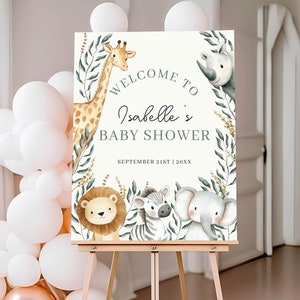 Safari Baby Shower Welcome Sign, Gender Neutral Safari Jungle Animals Poster, Baby Shower Decoration, Editable Canva Template, HP075A