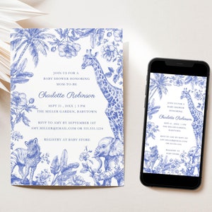 Boy Baby Shower Invitation Template, Editable Blue Safari Theme, Vintage Toile Card, Elegant Animal Design, Custom Printable Download, HP073