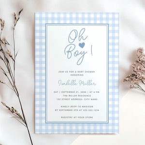 Classic Blue Gingham Boy Baby Shower Invitation Editable Canva Template Elegant Customizable Instant Download Printable Invite - HP074A