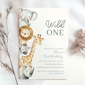 Editable Safari First Birthday Invitation Template, Wild One 1st Birthday Invite Canva, Safari Jungle Animals Party, Instant Download HP075B