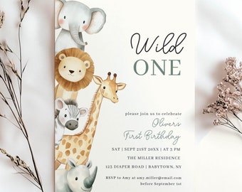 Editable Safari First Birthday Invitation Template, Wild One 1st Birthday Invite Canva, Safari Jungle Animals Party, Instant Download HP075B