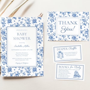 Toile de Jouy Baby Shower Bundle, Teddy Bear Invitation Set, Blue Boy Baby Shower, Editable Template,  Chinoiserie, Instant Download, HP062A