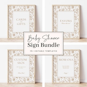 Pacote de placas para chá de bebê Toile de Jouy, decorações para placas para chá de bebê, chinoiserie elegante, gênero neutro, modelo editável Canva, HP062A