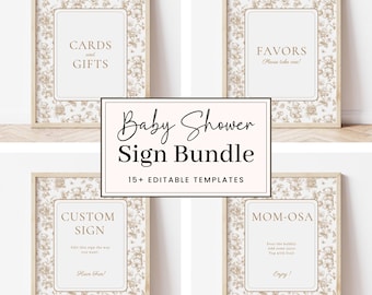 Toile de Jouy Baby Shower Sign Bundle,  Baby Shower Sign Decorations, Elegant Chinoiserie, Gender Neutral, Editable Canva Template, HP062A