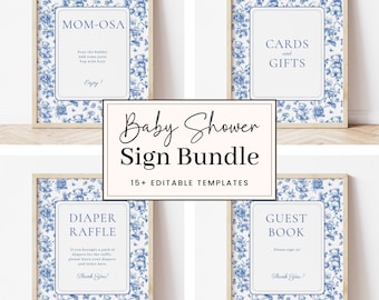 Toile de Jouy Baby Shower Sign Bundle,  Baby Shower Sign Decorations, Blue Chinoiserie, Baby Boy, Editable Canva Template, Printable, HP062A