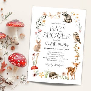 Editable Woodland Baby Shower Invitation Template Canva, Gender Neutral Forest Animals Invite, Instant Download, Digital Invitation, HP077A