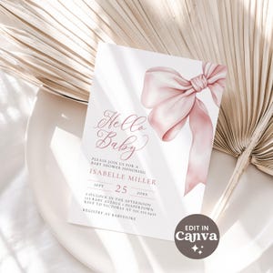 Pink Bow Baby Shower Invitation Template Canva, Editable Coquette Baby Shower Invite, Printable Hello Baby Card, Digital Download, HP082-AP