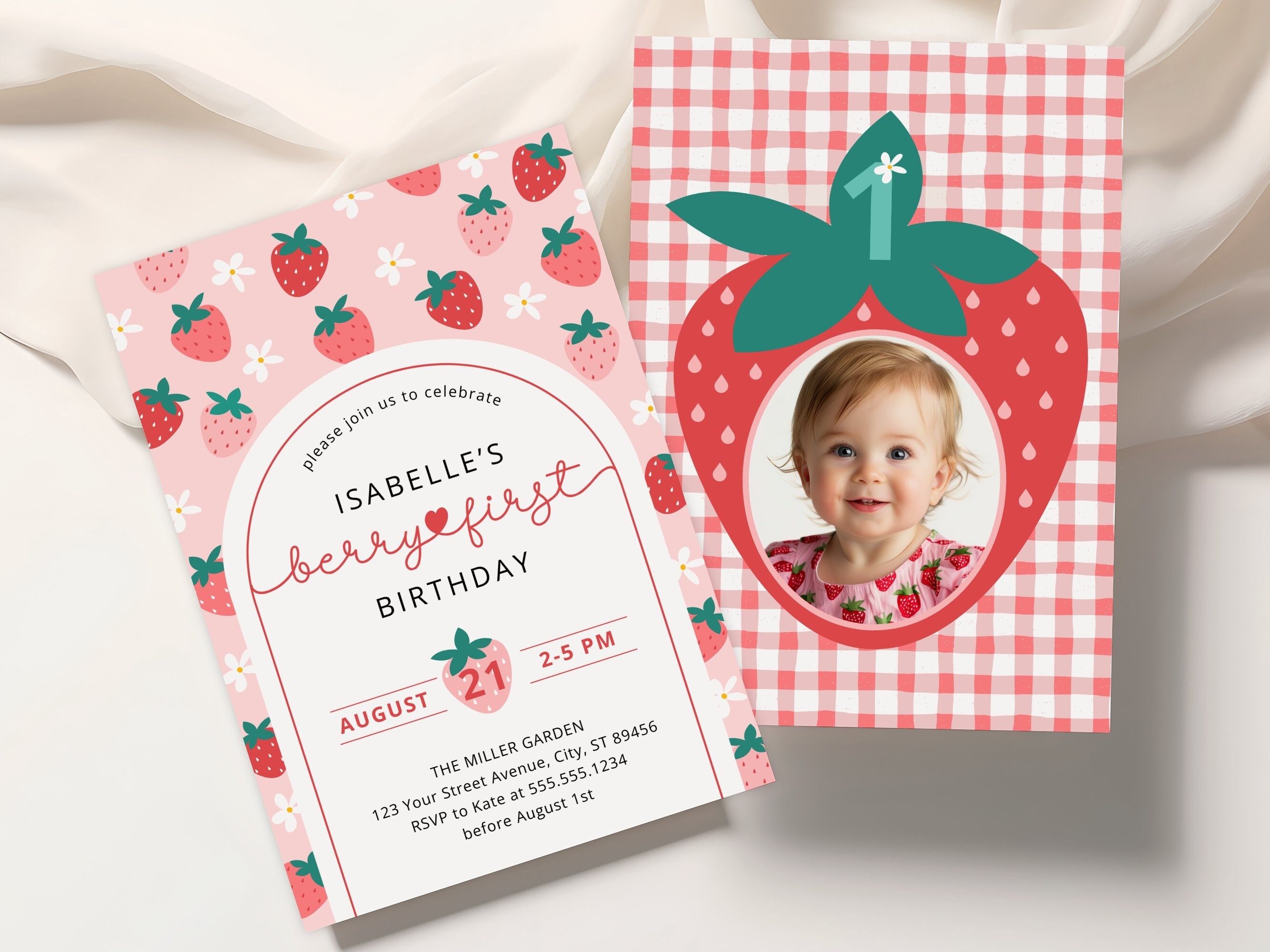 Berry First Birthday Invitation Template, Strawberry Birthday Photo Invite, 1st Birthday Party Girl, Editable Template Canva, HP067A