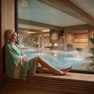 May include: A woman wearing a green towel and head wrap sits by a pool. The towel has a cream-colored stripe and fringe. The spa setting includes a pool, fireplace, and sauna.