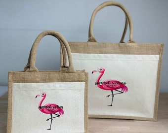 Jute bag Mother's Day gift Good Vibes only Flamingo gift idea for friends family Giftbag in Mini & Maxi