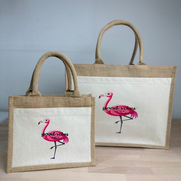 Jutetasche Good Vibes only Flamingo Geschenkidee für Freunde Familie Giftbag in Mini & Maxi