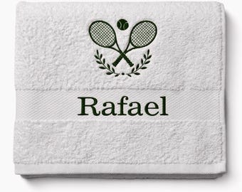Towel embroidered including motif tennis racket personalized gifts tennis team sports club coach bath towel with name gift birthday