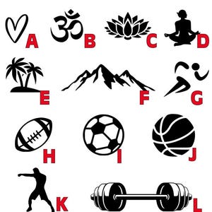 May include: A collection of twelve black graphic decals labeled A through L, featuring a heart, Om symbol, lotus flower, meditating figure, palm trees, mountain range, running figure, football, soccer ball, basketball, boxer, and a barbell.