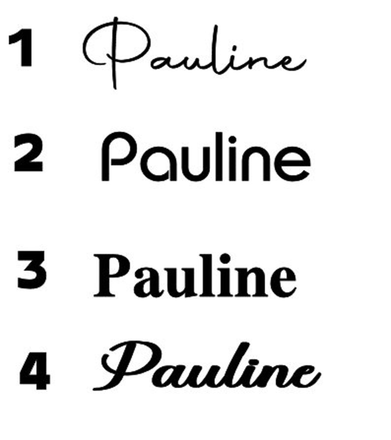 Pu&ograve; includere: Quattro stili diversi del nome "Pauline" scritti in inchiostro nero su sfondo bianco. Il nome &egrave; numerato da 1 a 4.
